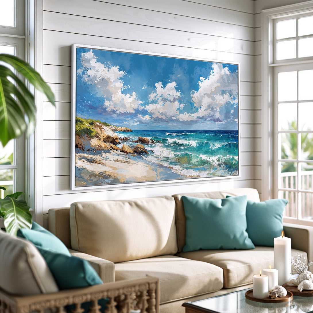 Framed Wall Art: Coastal landscape painting with blue, turquoise, and white color palette. Perfect for beach house decor. Add a touch of serenity to your space!