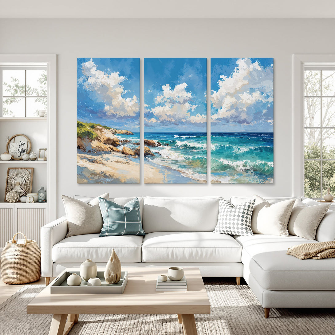 Canvas Print of a vibrant ocean scene in blues and whites, perfect for coastal decor. Adds a calming touch to any room.
