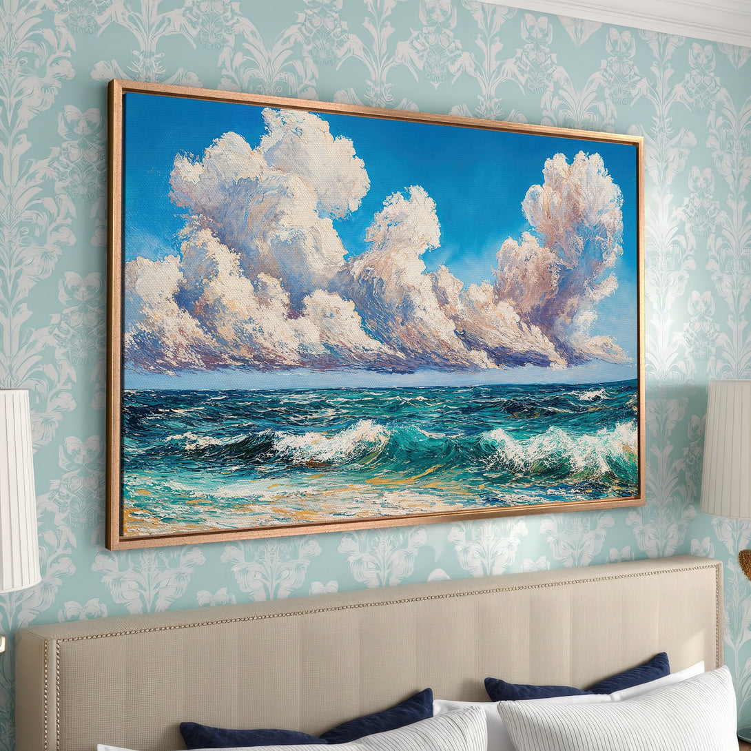 Framed Wall Art: Ocean waves painting with blue, teal, and white color palette. Coastal artwork for bedroom decor.