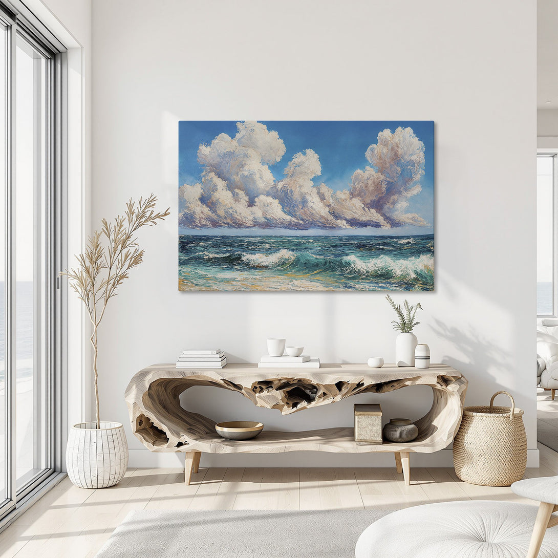 Framed Wall Art: Ocean waves canvas print in a coastal interior. Blue, teal, and white color palette. Perfect for beach house decor.