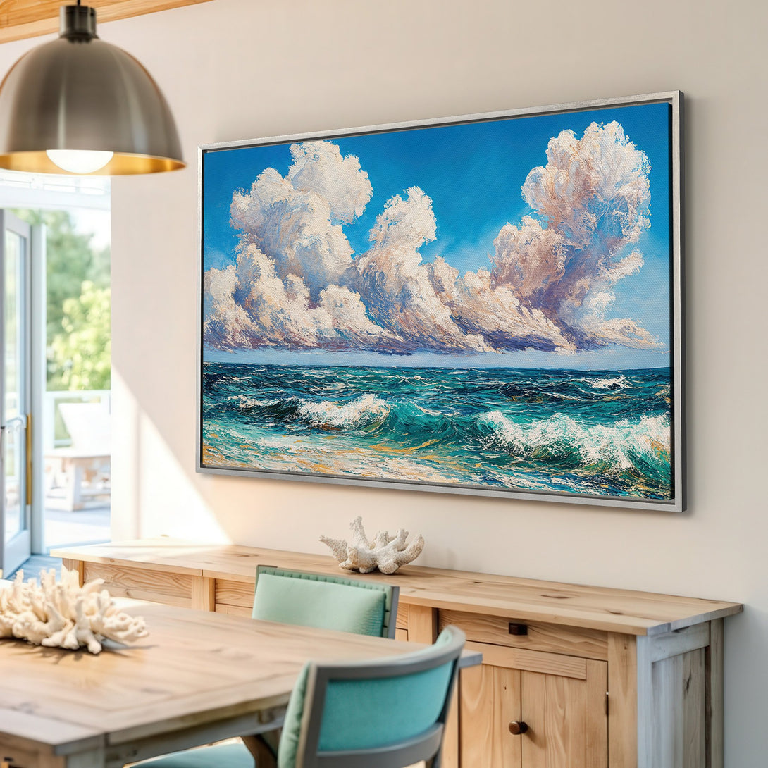 Framed Wall Art: Ocean waves canvas print in a coastal style, featuring blue, teal, and white hues. Enhance your home decor with this beautiful artwork.