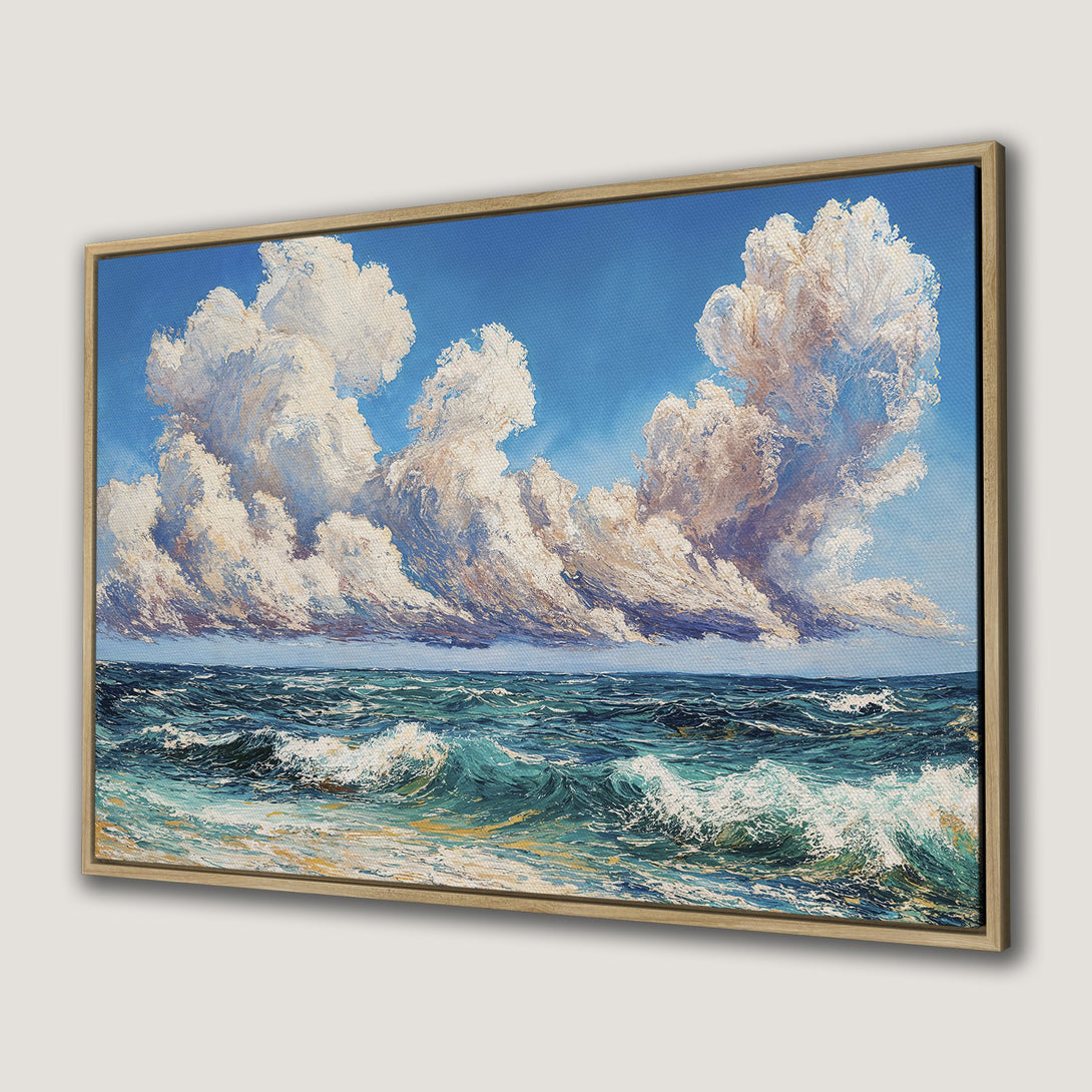 Framed Wall Art: Dramatic seascape Canvas Print with vibrant blues, greens, and white. Coastal art with textured brushstrokes, perfect for any interior.
