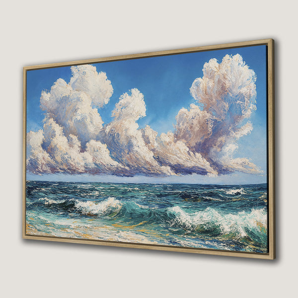 Framed Wall Art: Dramatic seascape Canvas Print with vibrant blues, greens, and white. Coastal art with textured brushstrokes, perfect for any interior.