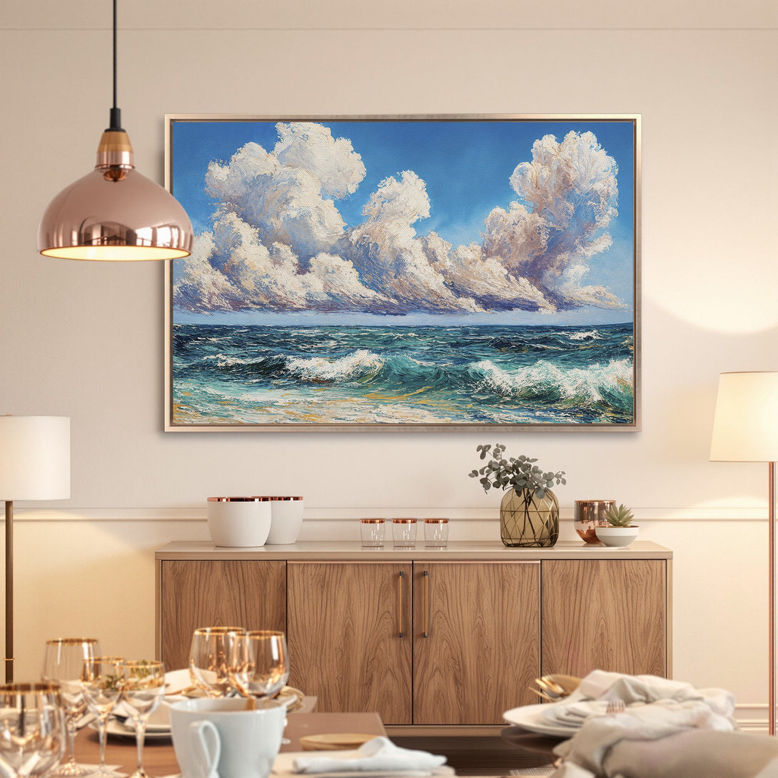 Framed Wall Art: Ocean waves Canvas Print in blue & white, adding coastal vibes to your dining room decor. Shop now for stunning wall art!