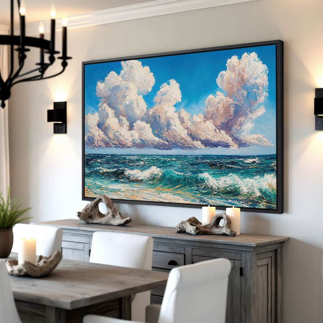 Framed Wall Art of a dramatic ocean scene with clouds. Coastal art in blue, teal, and white hues. Perfect for adding a touch of serenity to your space.