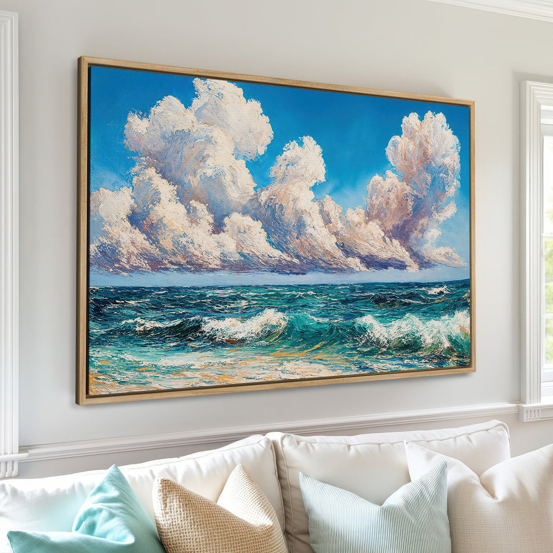 Framed Wall Art: Ocean waves and dramatic clouds in a vibrant blue and teal palette. Coastal artwork for a serene home.