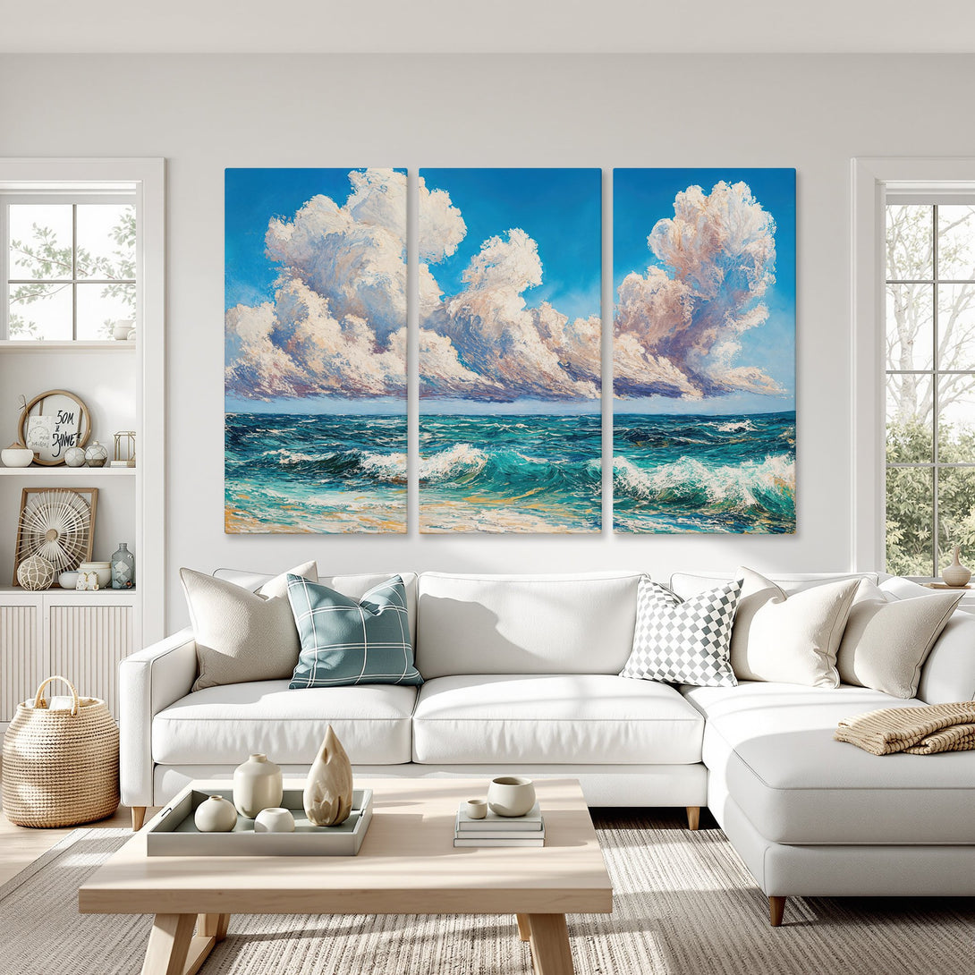 Canvas Print of an ocean scene with dramatic clouds. Impressionistic style, blue and white color palette, adds coastal vibes to any room.