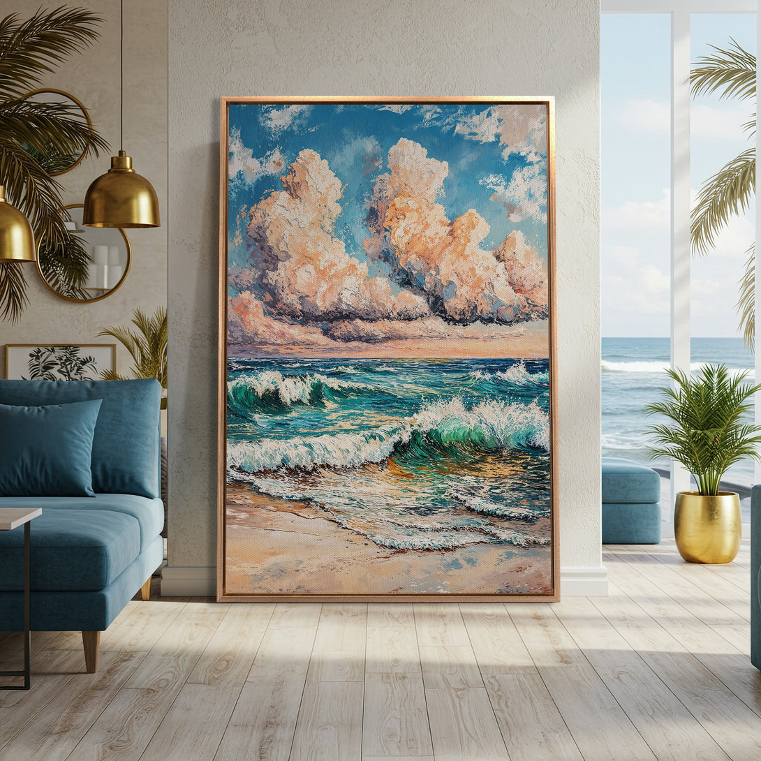 Framed Wall Art: Ocean waves painting with blue, teal, and peach hues. Coastal style canvas print adds a serene touch to any living room.