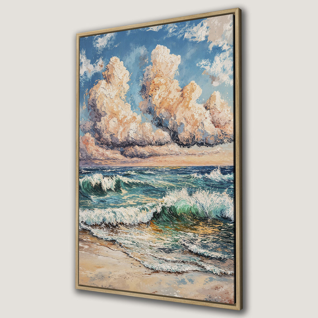 Framed Wall Art: Ocean waves painting in impressionist style. Blue, green, and beige color palette. Bring the beach to your home with this canvas print!
