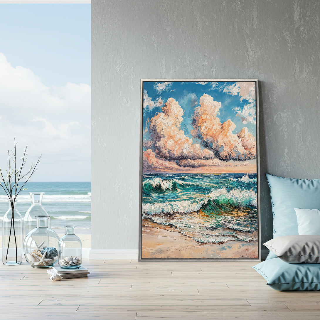 Framed Wall Art: Coastal landscape Canvas Print with vibrant blues, greens, and peach tones. Perfect for adding a touch of serenity to any room.