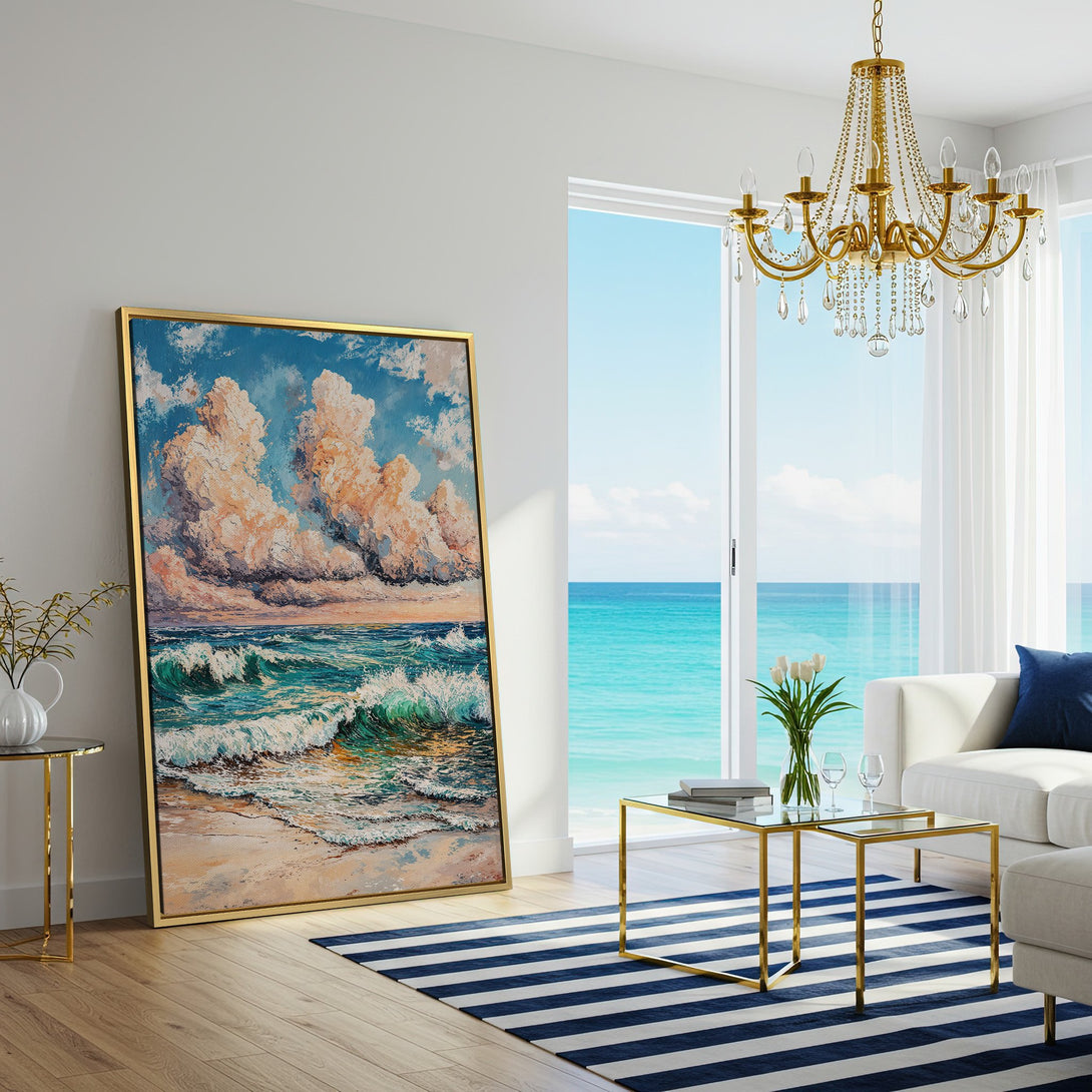 Canvas Print of a vibrant beach scene. Coastal art with blue, turquoise, and peach hues. Perfect for adding a touch of serenity to your home decor.