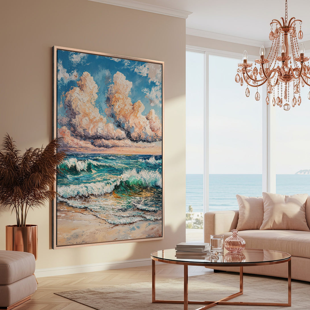 Framed Wall Art featuring a stunning ocean wave painting in a vibrant blue, green, and peach color palette. Perfect coastal decor for your home!