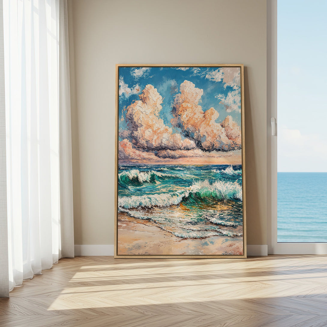 Framed Wall Art: Coastal painting with ocean waves and sky in a warm, inviting color palette. Perfect for adding a touch of serenity to your home.