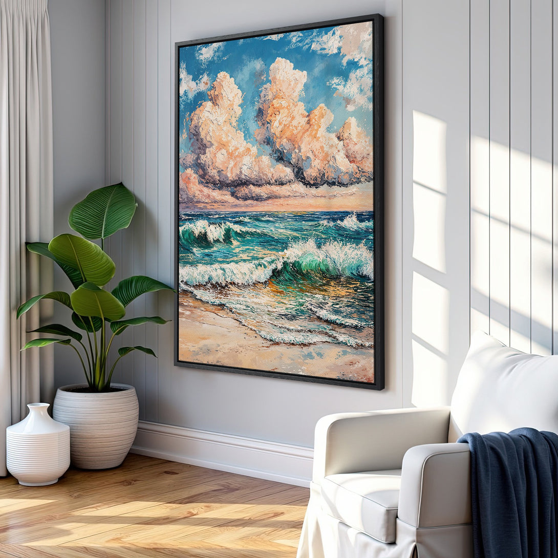 Framed Wall Art: Ocean waves Canvas Print with a vibrant, impressionistic style. Blue, teal, and peach tones create a serene coastal vibe. Perfect for your home!