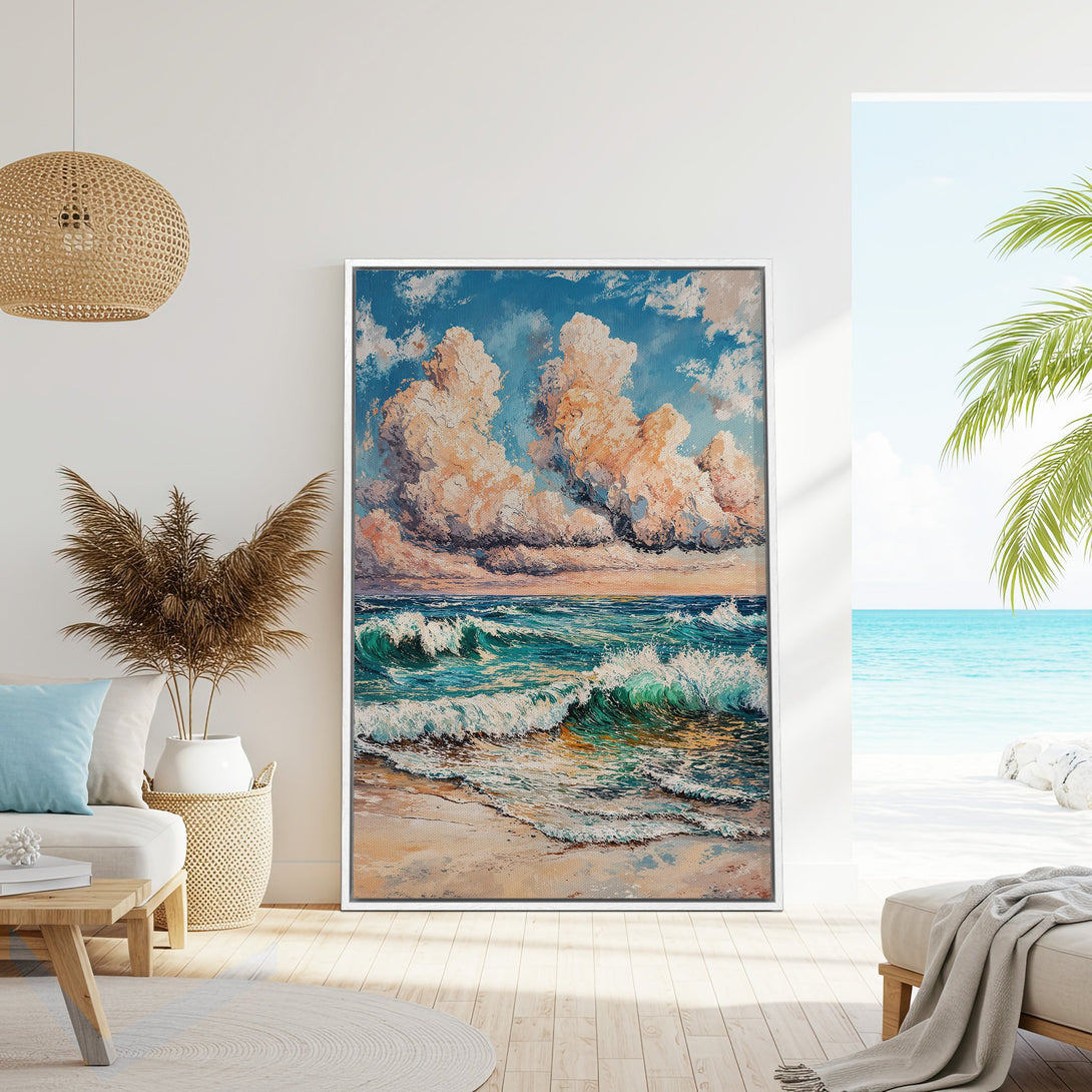 Framed Wall Art: Coastal scene canvas print with ocean waves, blue & teal palette. Bring the beach vibes home! Perfect for a relaxing interior.