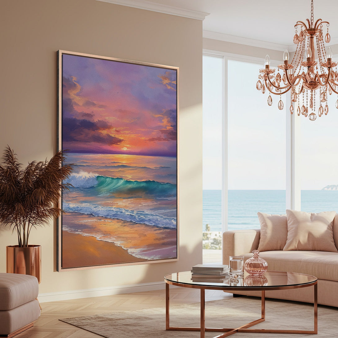 Framed Wall Art of a vibrant beach sunset. Coastal-inspired canvas print with warm orange, purple, and teal tones, perfect for adding a calming touch to any space.