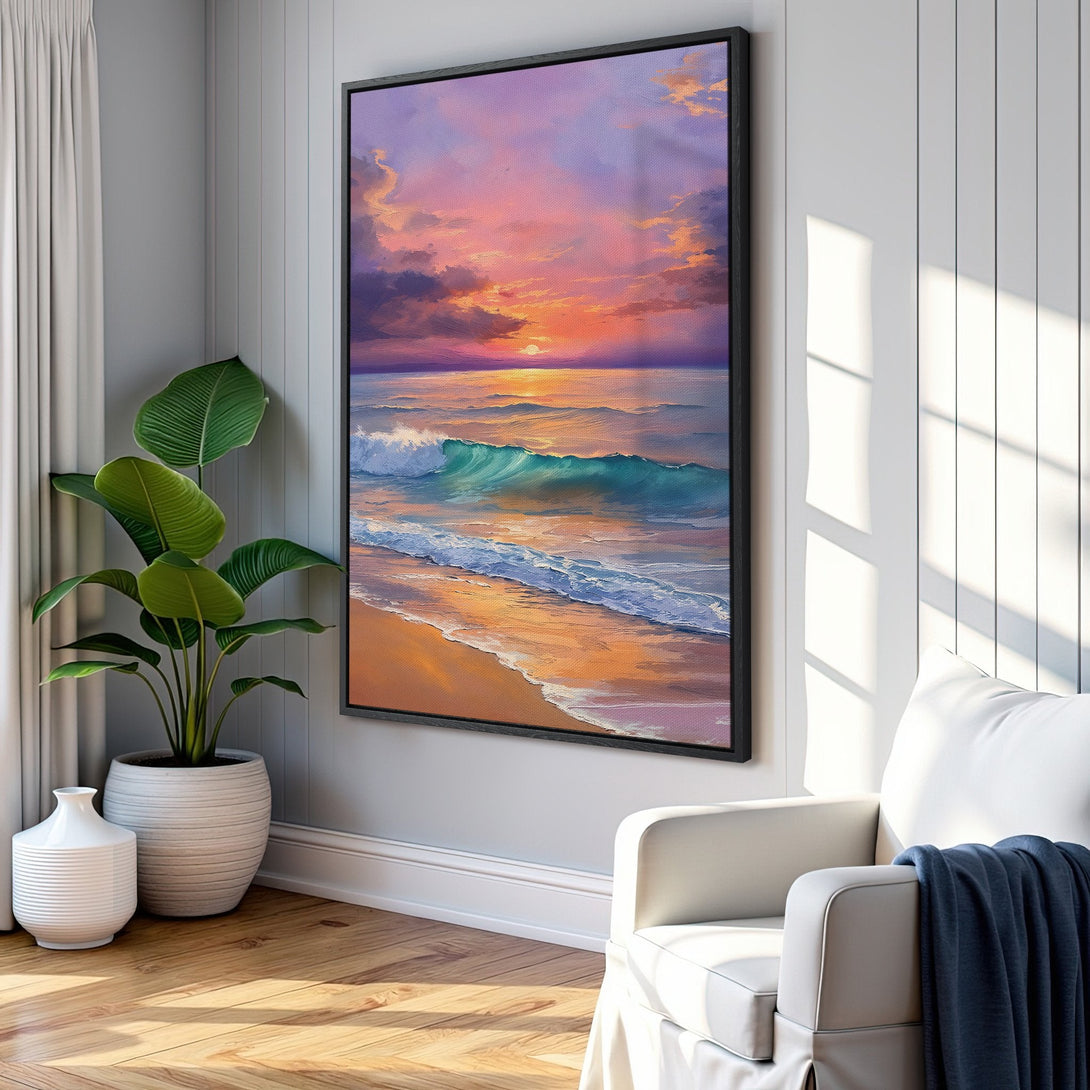 Framed Wall Art: Coastal sunset canvas print with vibrant orange, purple, and teal hues. Perfect for adding serene beach vibes to your home decor.