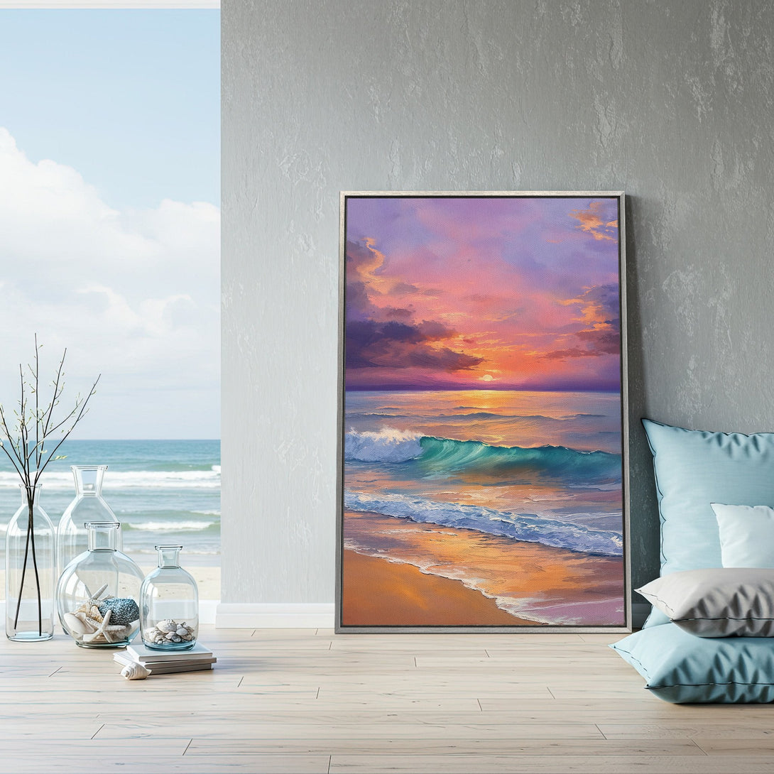 Framed Wall Art: Coastal sunset Canvas Print in vibrant colors. Ocean wave art with a warm, inviting palette. Perfect for beach house decor.