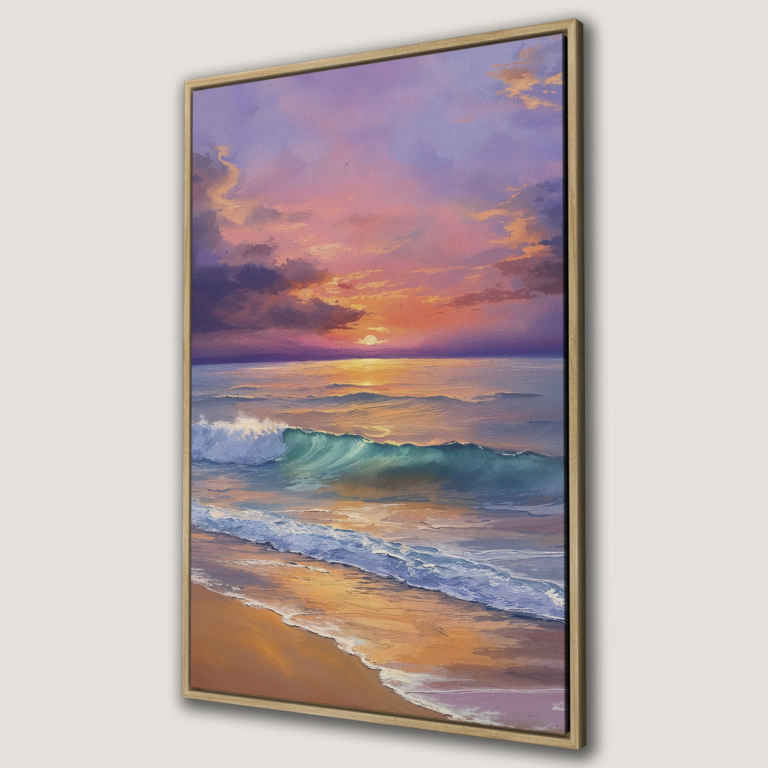 Framed Wall Art: Serene ocean sunset canvas print. Impressionistic style with vibrant purples, oranges, and blues. Perfect coastal decor for your home.