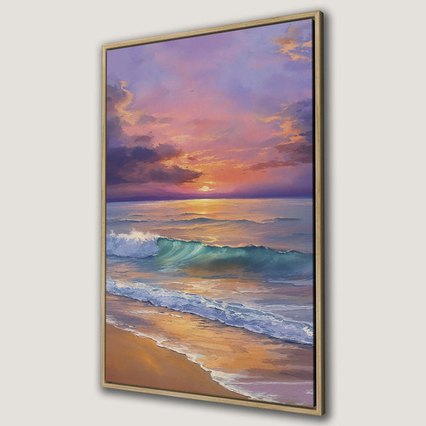 Framed Wall Art: Serene ocean sunset canvas print. Impressionistic style with vibrant purples, oranges, and blues. Perfect coastal decor for your home.