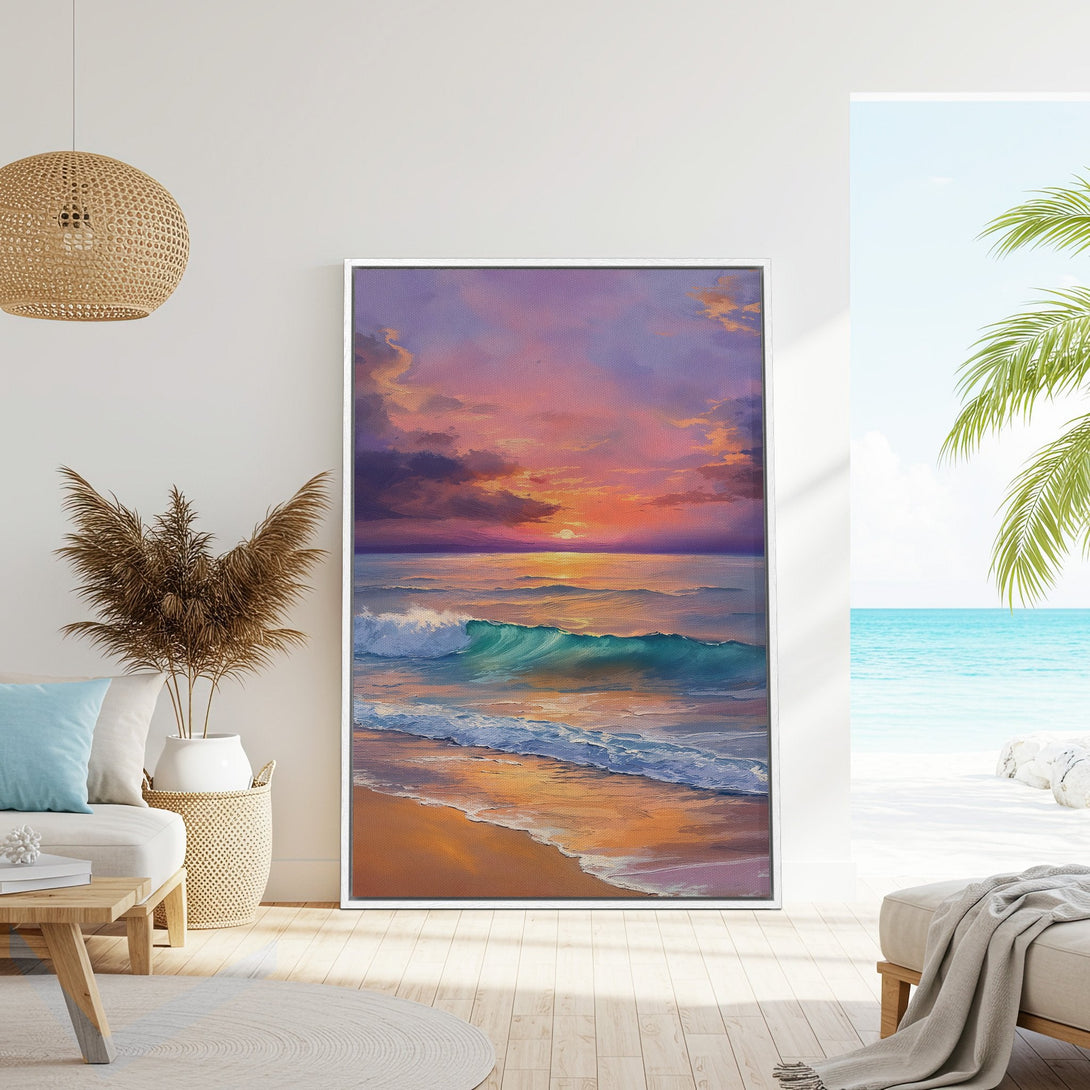 Framed Wall Art: Coastal sunset canvas print in warm orange, purple, and turquoise hues. Perfect for adding a touch of serenity to your home decor.
