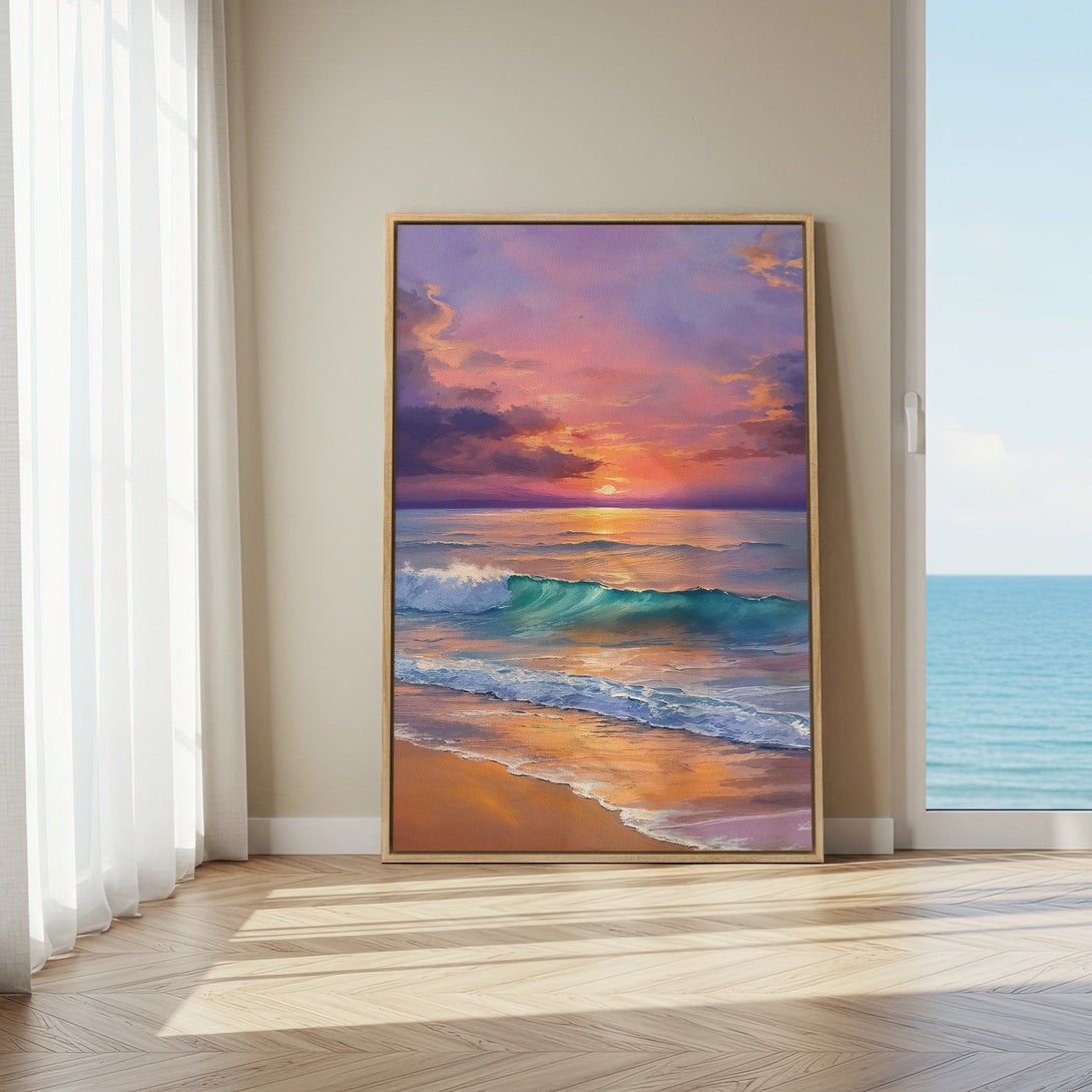 Framed Wall Art: Sunset beach canvas print with vibrant pink, orange, and teal colors. Coastal art for a relaxing home decor vibe.