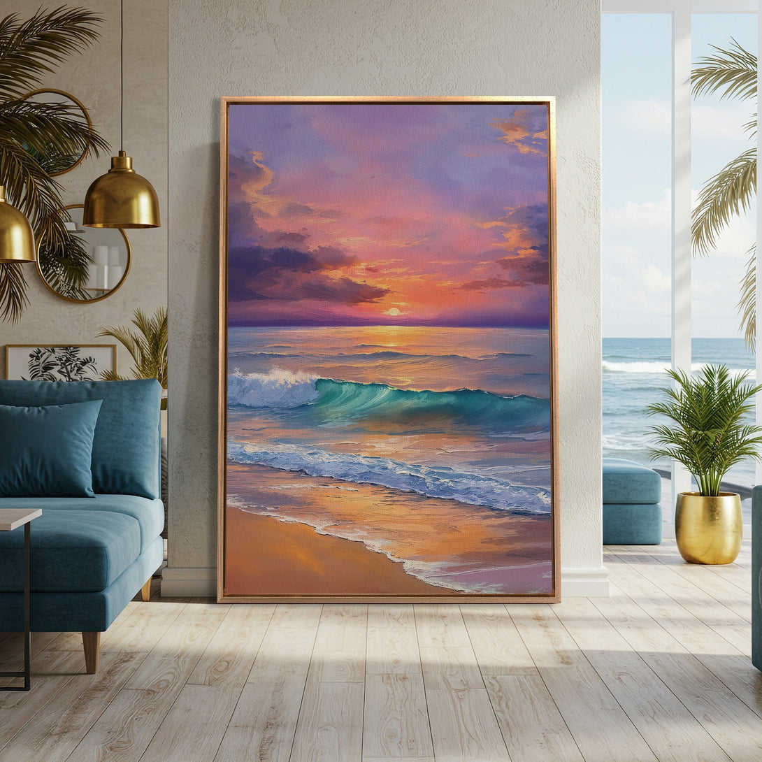 Framed Wall Art: Coastal sunset canvas print in a warm, inviting interior. Features vibrant colors of orange, purple, and turquoise. Perfect for bringing the beach home!