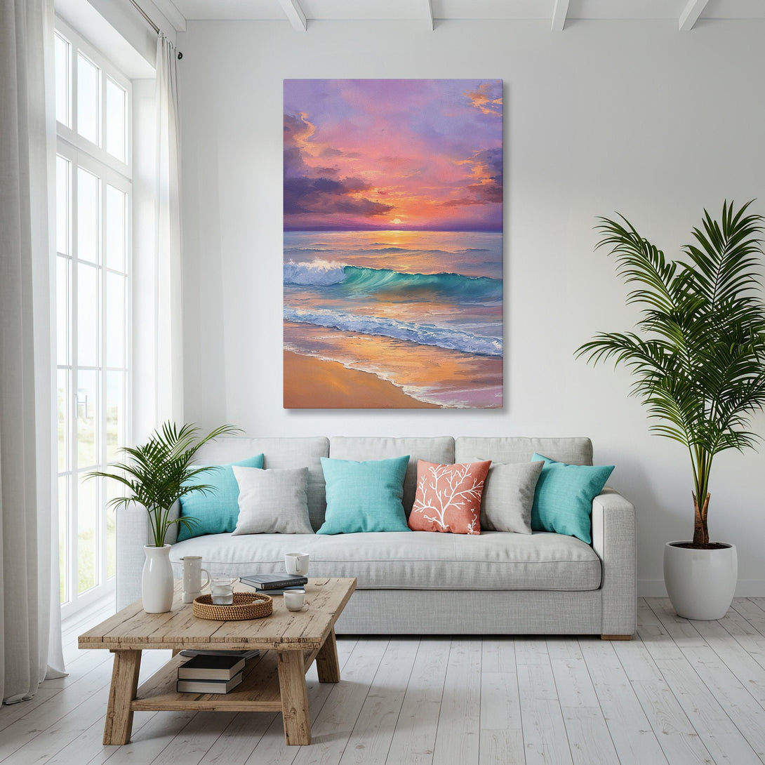 Framed Wall Art: Coastal sunset canvas print in a modern living room. Features a vibrant color palette of blues, oranges, and purples.