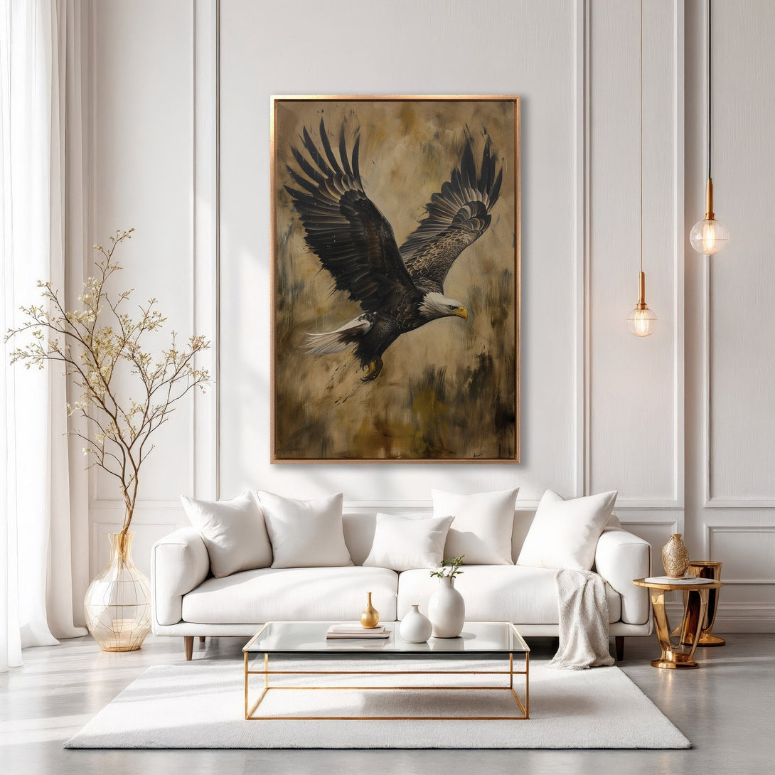 Framed Wall Art: Majestic eagle canvas print in warm earth tones, perfect for adding a touch of nature and sophistication to your living room decor.