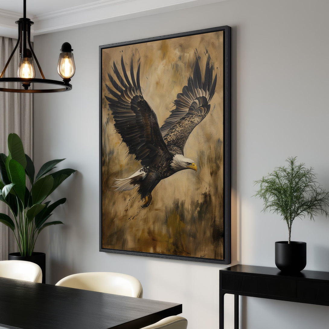Framed Wall Art: Majestic eagle canvas print in warm brown tones. Elevate your space with this stunning, modern artwork. Shop now for a touch of nature!