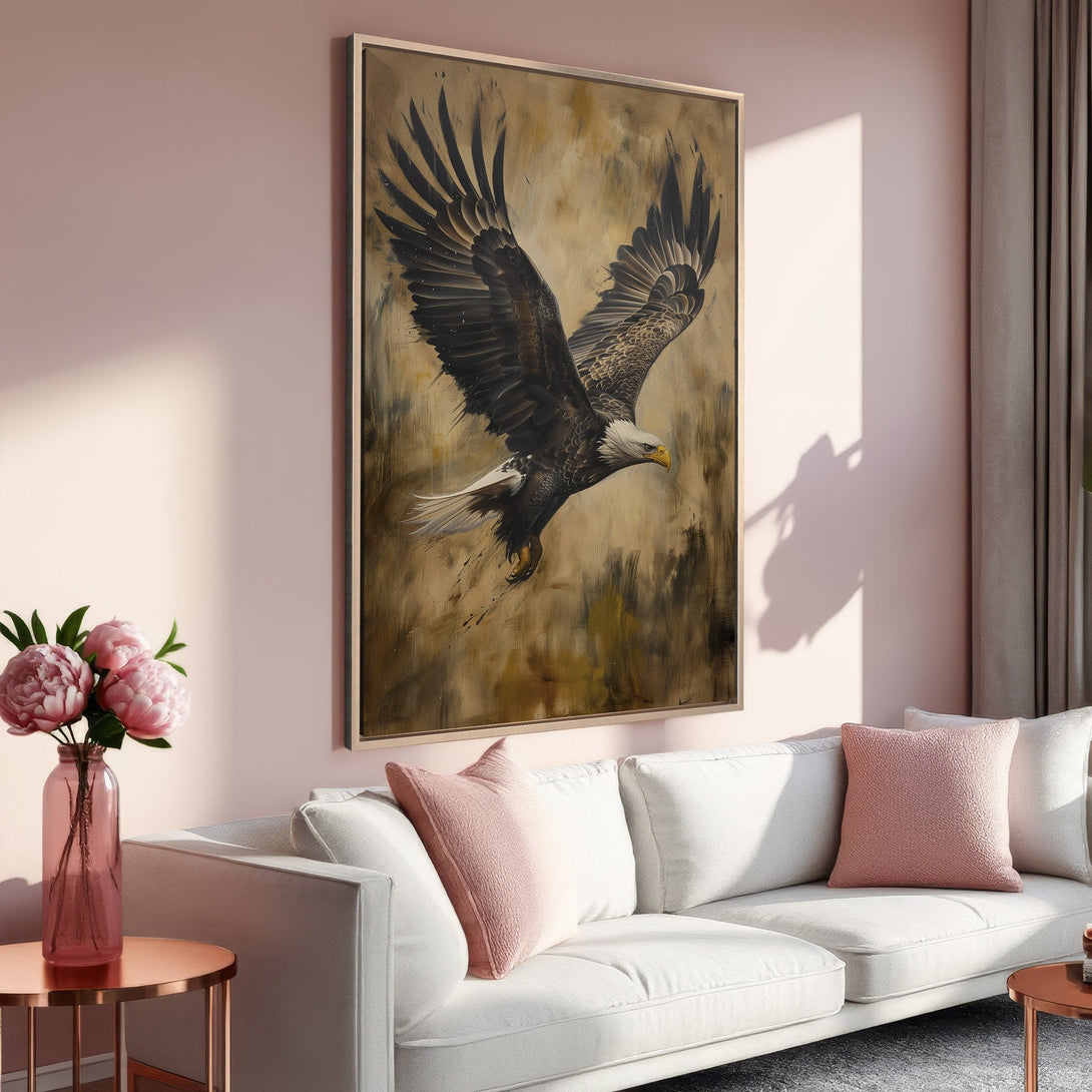 Framed Wall Art of a majestic eagle in flight, featuring a warm, neutral color palette. Perfect for adding a touch of nature and elegance to your home decor.