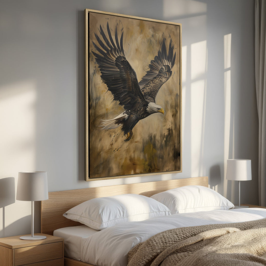 Framed Wall Art: Majestic eagle canvas print in a bedroom. Warm, neutral color palette with black, brown, and gold tones. Elevate your space with art!