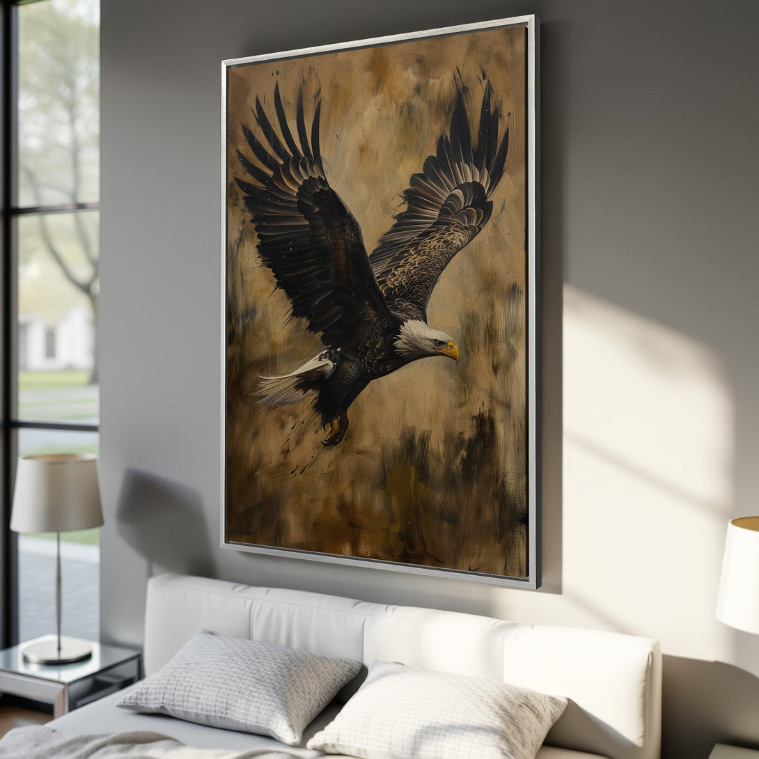Framed Wall Art featuring a majestic eagle in flight. Earth-toned canvas print with a vintage, painterly style. Perfect for adding a touch of nature to your decor.