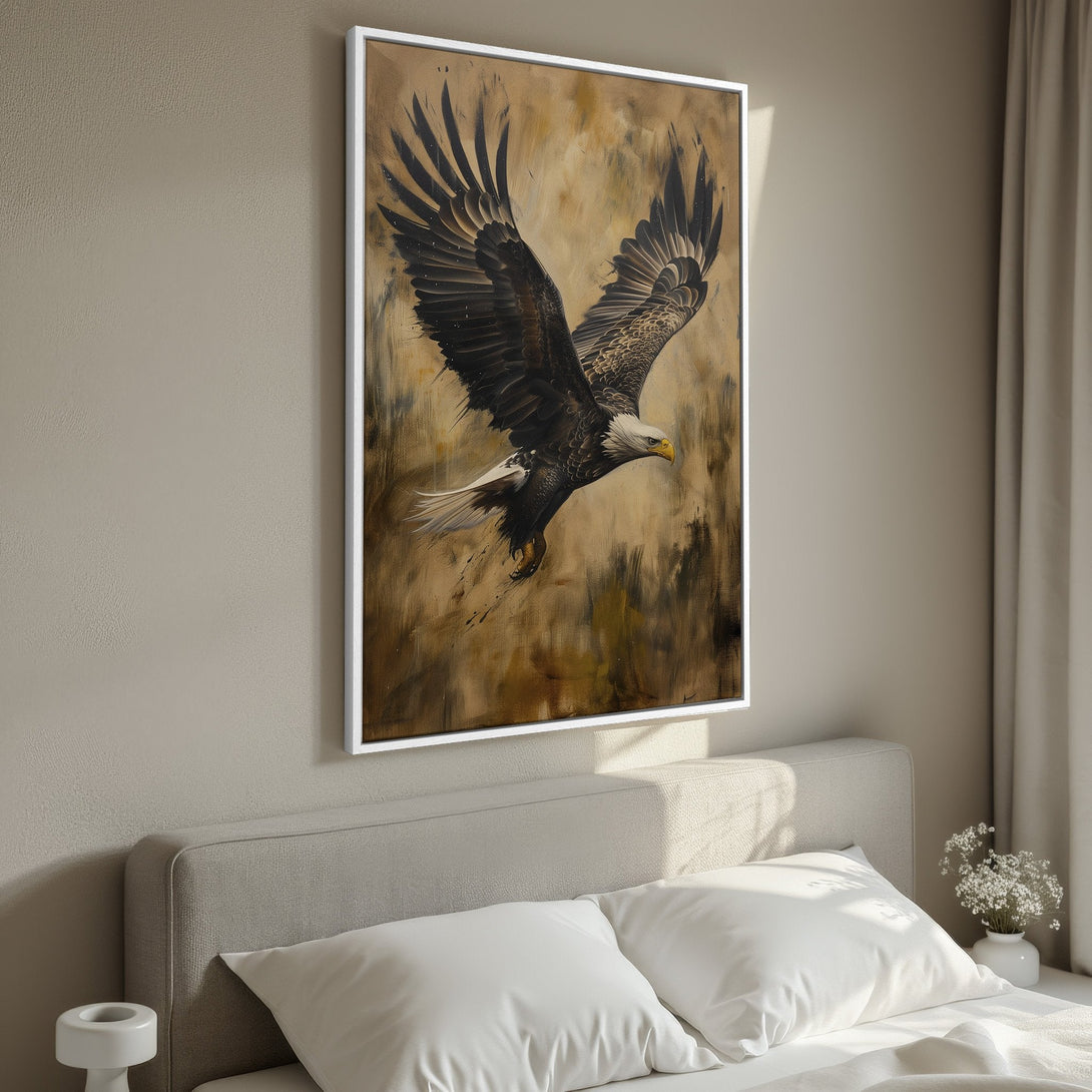 Framed Wall Art featuring a majestic eagle in flight. Earthy tones and a painterly style create a striking focal point for any room. Elevate your decor with this stunning canvas print.