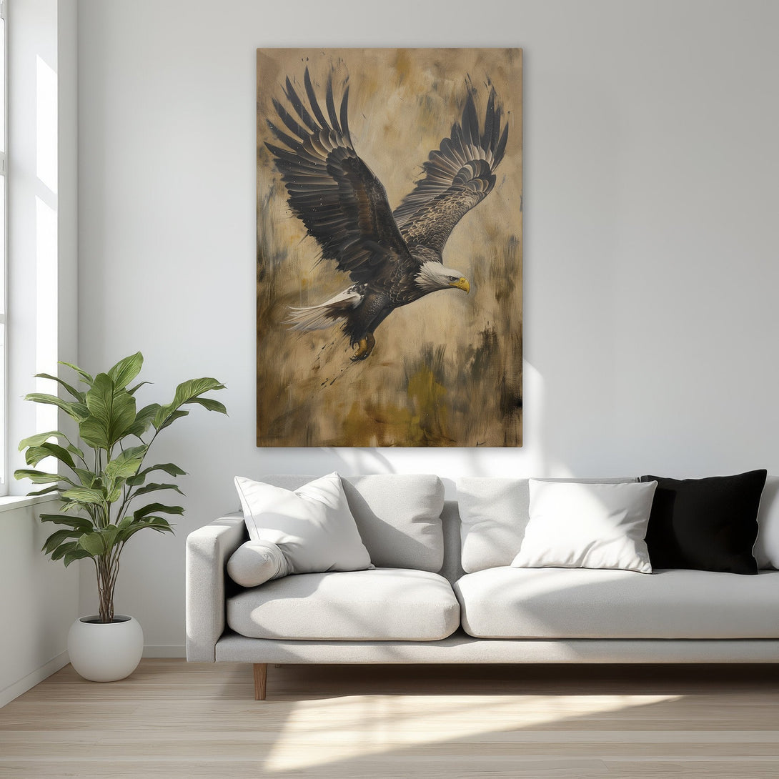 Framed Wall Art: Majestic eagle canvas print in warm earth tones. Perfect for adding a touch of elegance to any room. Shop now!