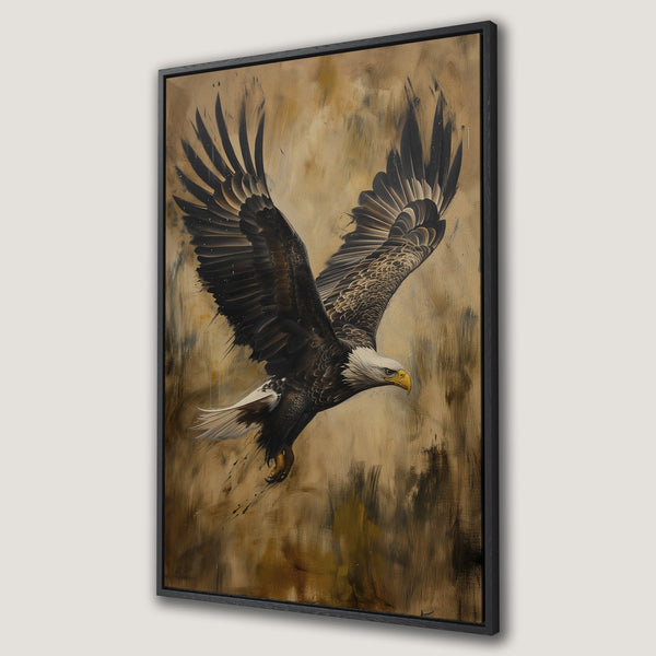 Framed Wall Art Canvas Print of a majestic eagle in flight, featuring a warm, earthy color palette. Perfect for adding a touch of nature to your decor.
