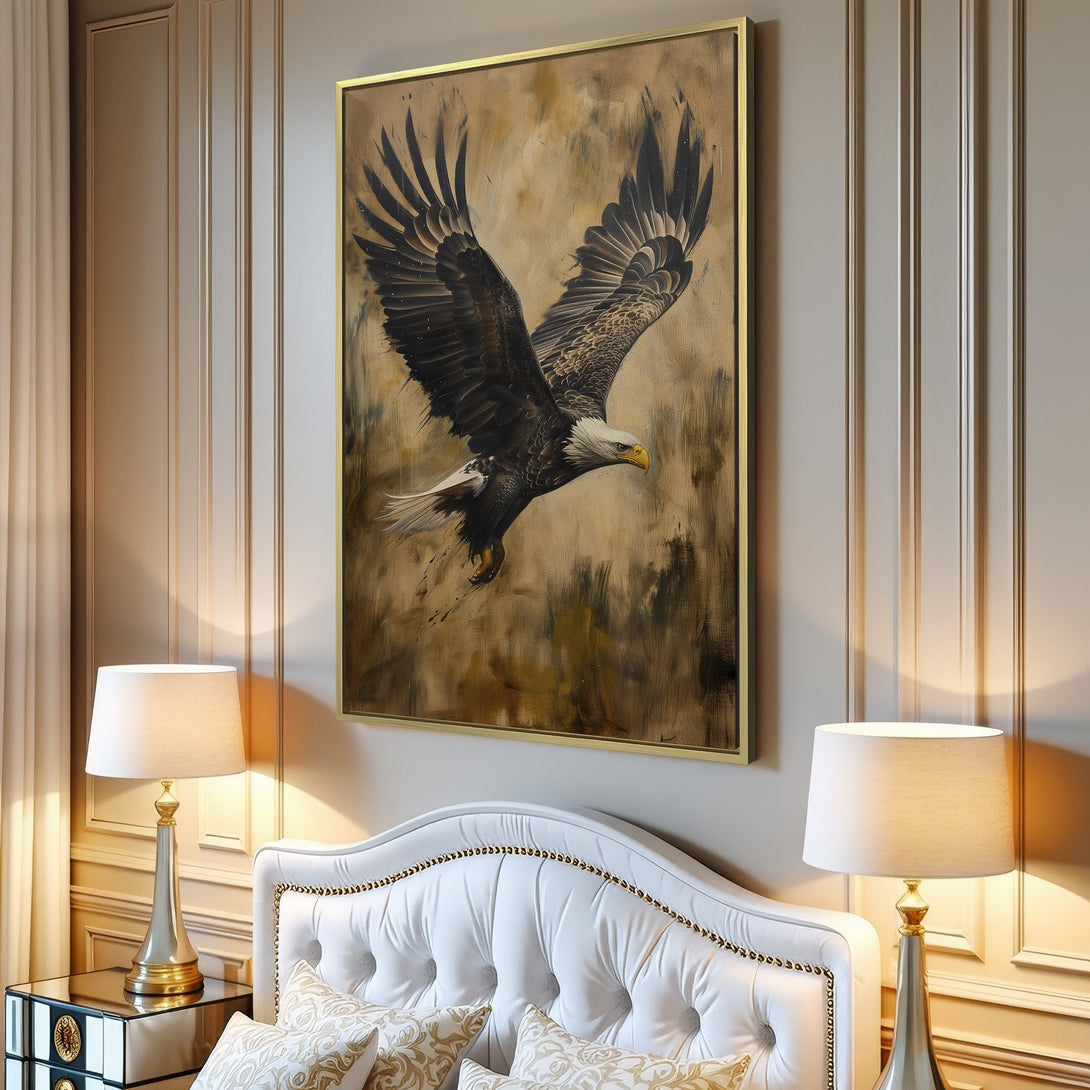 Canvas Print of a majestic bald eagle in flight, showcasing a neutral color palette and a vintage, painterly style. Perfect wall art for any space.
