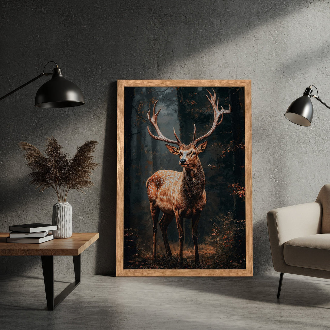 Framed Poster featuring a majestic stag in a forest. Rustic style with a dark, moody color palette of browns, greens, and golds. Perfect wall art.