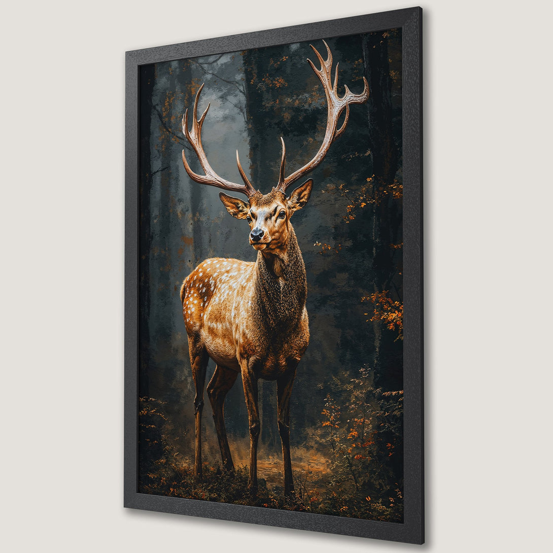 Framed Poster featuring a majestic deer in a forest, painterly style, with a warm, autumnal color palette. Perfect wall art!