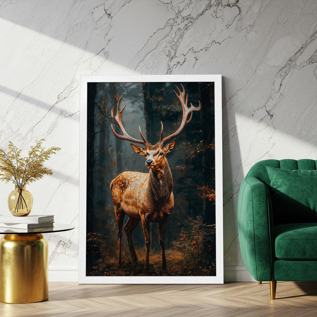 Framed Poster featuring a majestic deer in a forest. Rich, warm color palette with a painterly style, perfect for adding a touch of nature to your home.