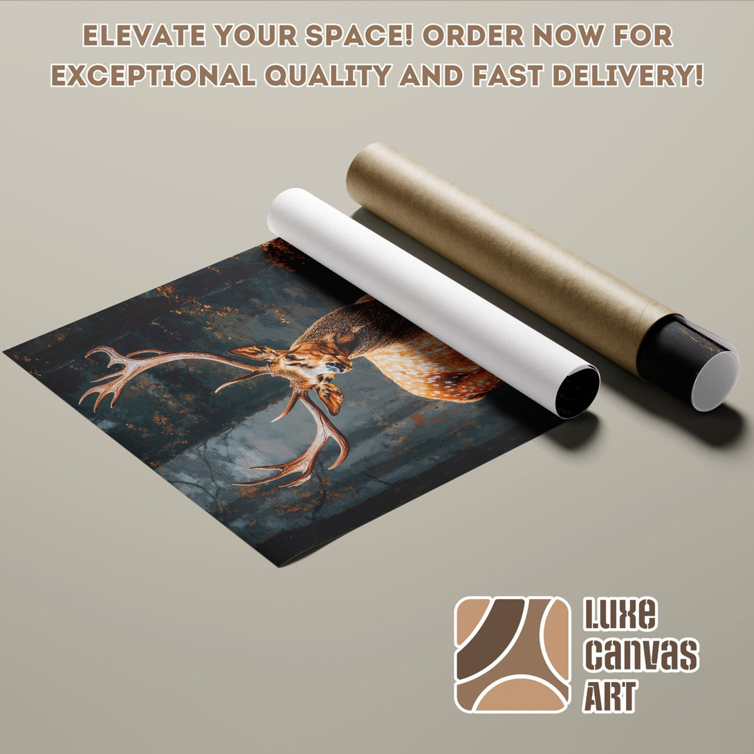 Poster Roll featuring a majestic deer in a dark, moody style with a brown and teal color palette. Order your art print today!