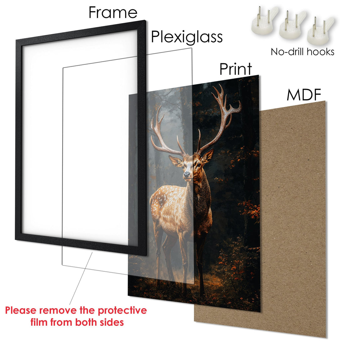 Framed Poster featuring a majestic deer in a forest. Warm, earthy tones and nature-inspired art. Perfect wall decor!