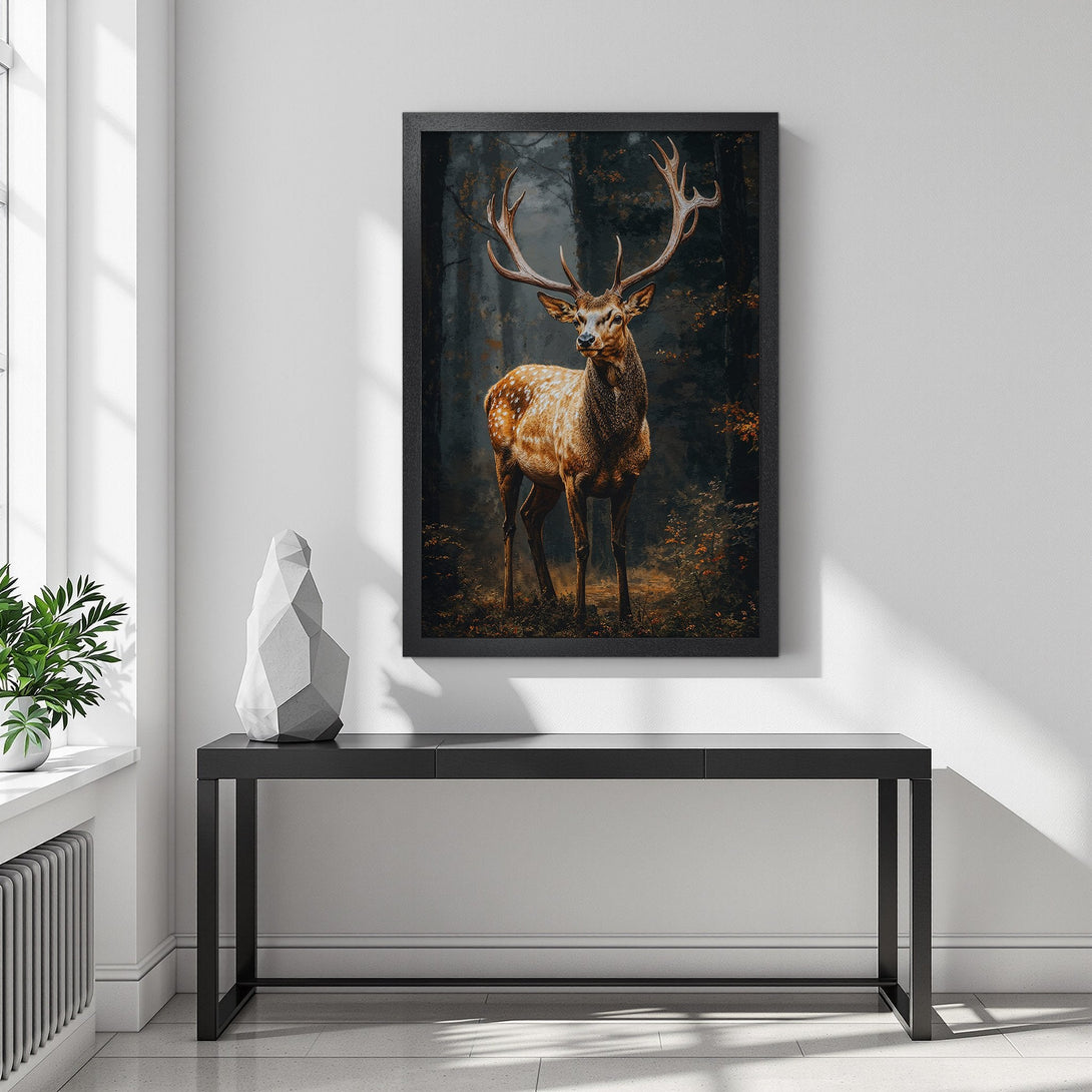 Framed Poster of a majestic stag in a forest. Rustic style with warm brown and green tones. Add a touch of nature to your home!