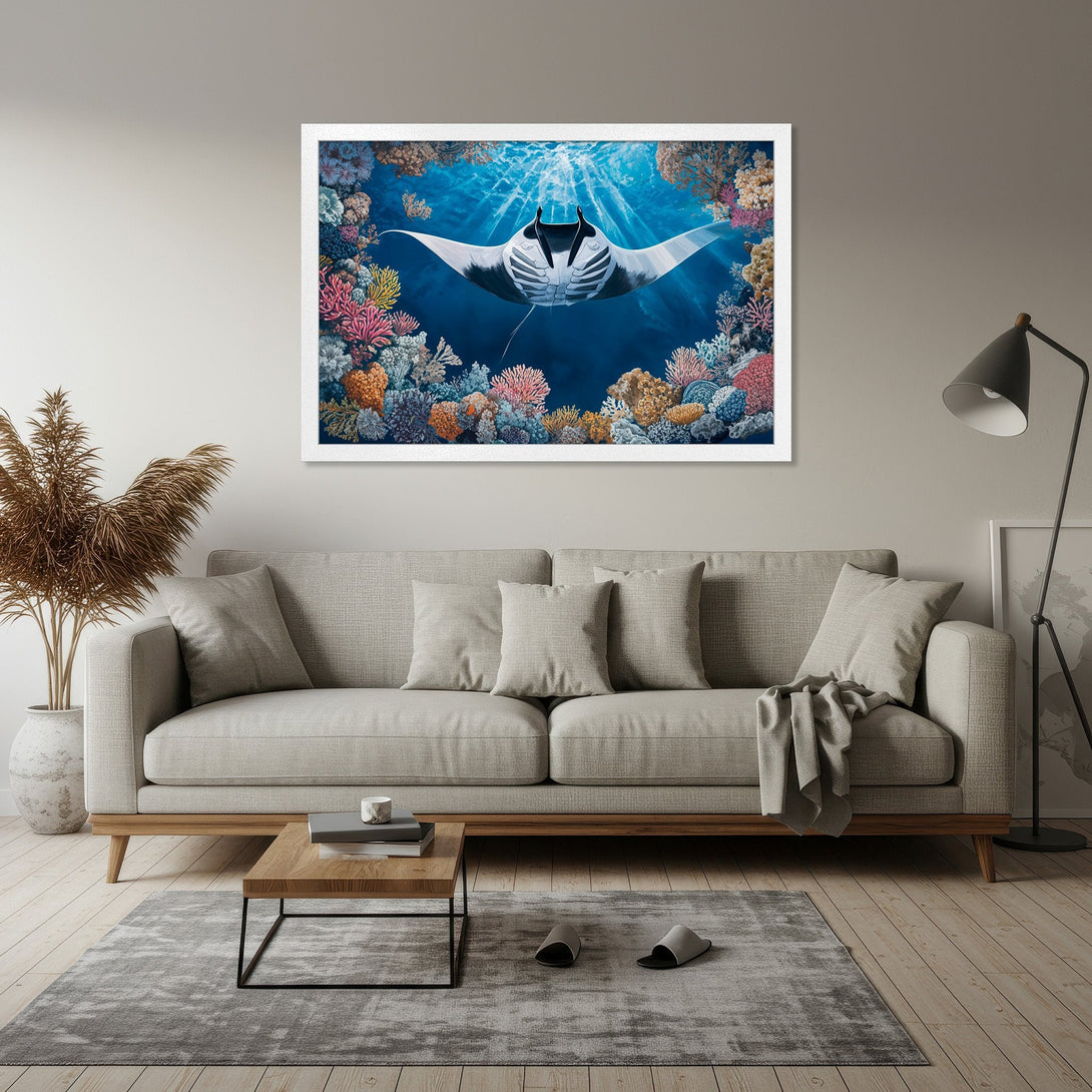 Framed Poster featuring a manta ray in vibrant coral reef. Artistic style, blue, pink, and orange color palette. Perfect wall art!