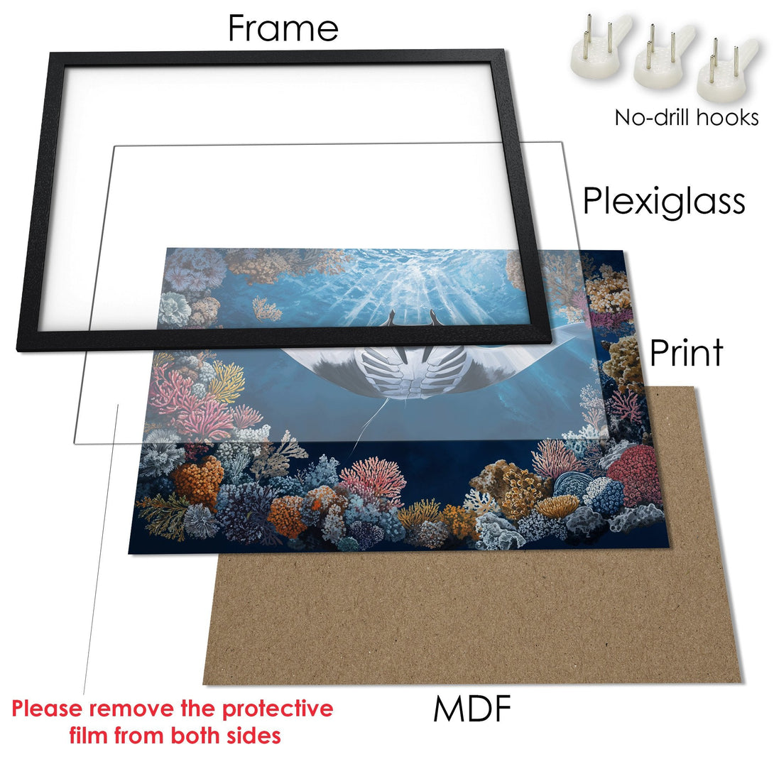 Framed Poster featuring an underwater scene with a manta ray, vibrant coral, and a blue and coral color palette. Perfect wall art!