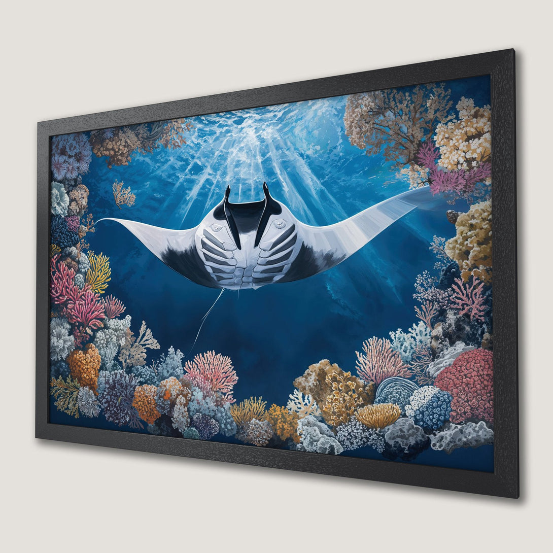 Framed Poster featuring a vibrant manta ray swimming in a coral reef. Artistic style with a blue, pink, and yellow color palette. Ocean decor.