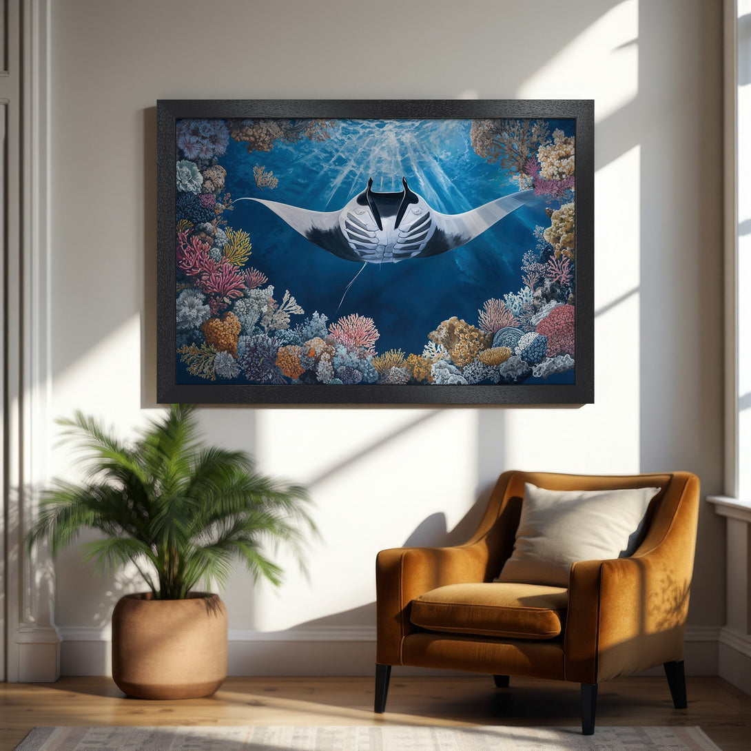 Framed Poster featuring a manta ray swimming in a vibrant coral reef. Ocean art in blue, white, and coral tones. Perfect wall decor.