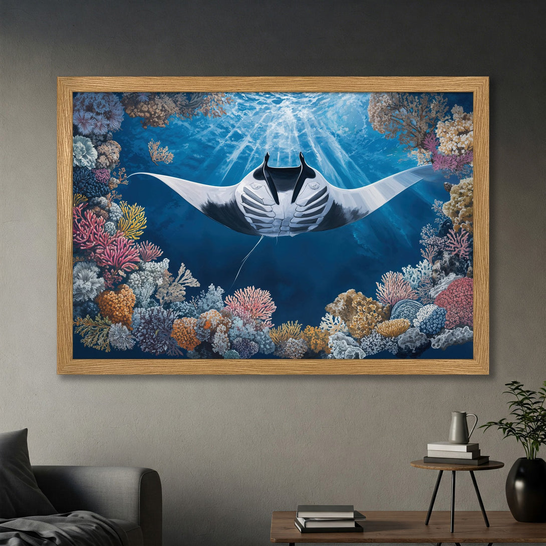 Framed Poster featuring a manta ray in a vibrant underwater scene with coral. Artistic style, blue, coral, and white color palette. Perfect wall art!
