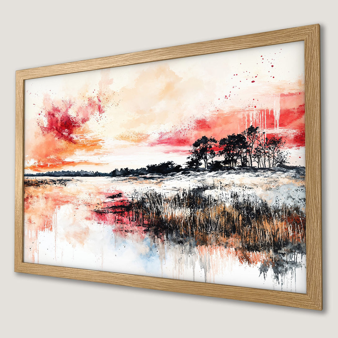 Framed Poster featuring a watercolor landscape with a vibrant red and orange sunset. Artistic style, perfect wall art.