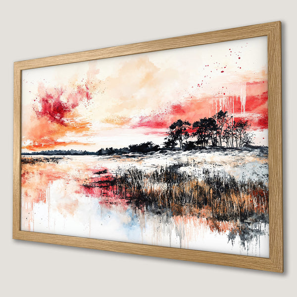 Framed Poster featuring a watercolor landscape with a vibrant red and orange sunset. Artistic style, perfect wall art.